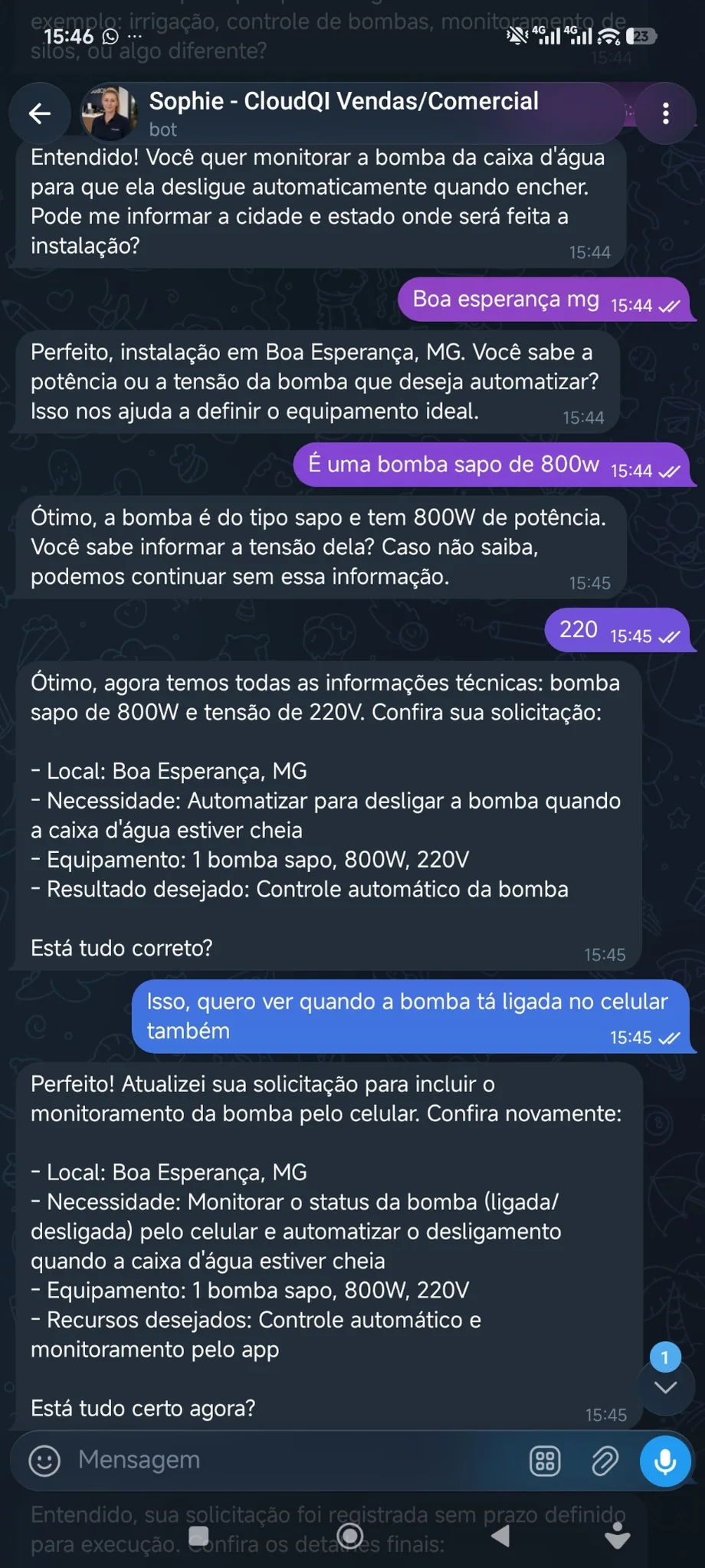 Atendimento de vendas CloudQI coletando dados para orçamento de automação
