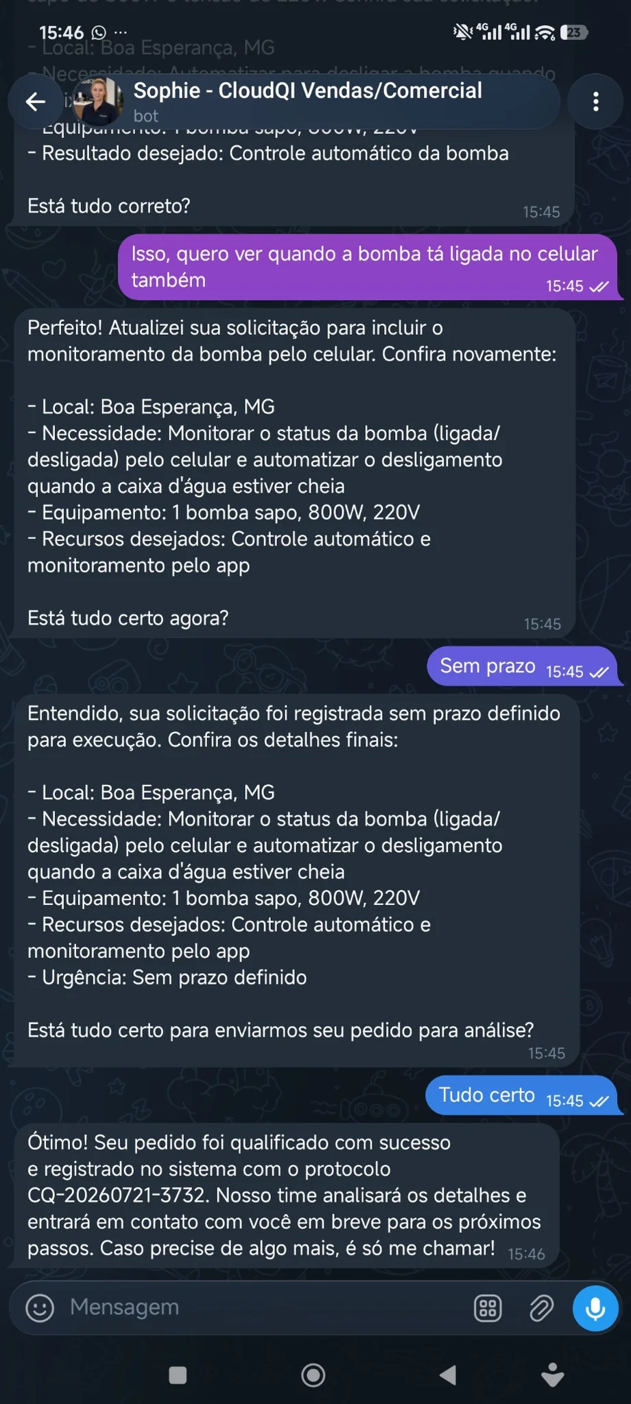 Contato CloudQI para contratação com confirmação de pedido e protocolo comercial